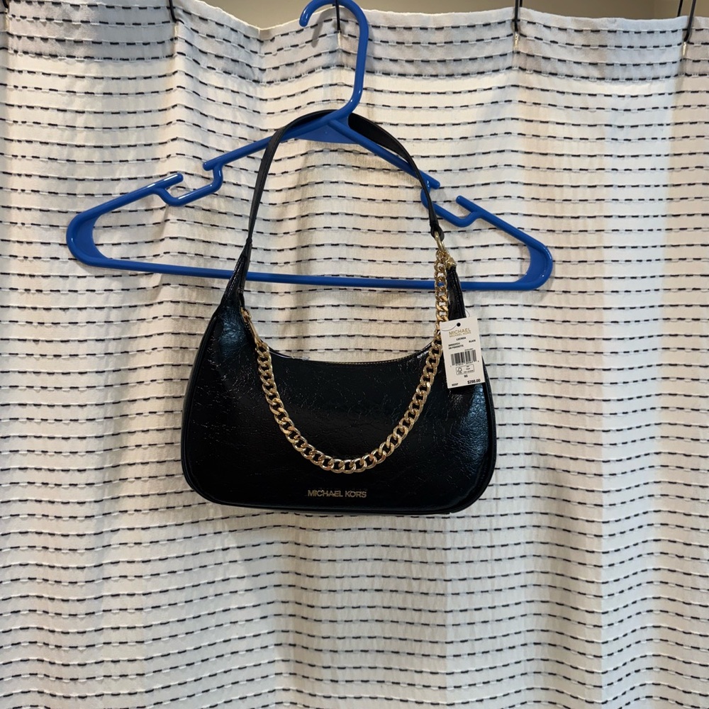 Michael Kors Black Shoulder Bag with Silver Chain Accent